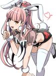  :d animal_ears ass breasts brown_eyes bunny_ears bunny_tail crown fate/grand_order fate_(series) high_heels highres long_hair looking_at_viewer medb_(fate)_(all) medb_(fate/grand_order) medium_breasts midriff open_mouth pink_hair ponytail shimo_(s_kaminaka) simple_background smile solo tail thighhighs white_background white_legwear 