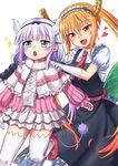  :d blonde_hair blue_eyes capelet commentary_request dragon_girl dragon_horns dragon_tail fang frilled_skirt frills hands_on_another's_shoulders heart horns kanna_kamui kobayashi-san_chi_no_maidragon long_hair looking_at_viewer maid maid_headdress mary_janes mizunashi_hayate multiple_girls necktie open_mouth orange_eyes shoes skirt slit_pupils smile sparkle tail thighhighs tooru_(maidragon) twintails very_long_hair white_hair white_legwear zettai_ryouiki 