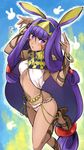  blush bracelet breasts dark_skin earrings egyptian egyptian_clothes facial_mark fate/grand_order fate_(series) highres jewelry long_hair looking_at_viewer low-tied_long_hair navel nitocris_(fate/grand_order) purple_eyes purple_hair shimo_(s_kaminaka) small_breasts smile solo very_long_hair 