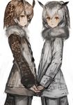 brown_hair buttons coat commentary cowboy_shot eurasian_eagle_owl_(kemono_friends) expressionless eyebrows_visible_through_hair eyelashes from_side fur_collar gradient_hair grey_hair hair_between_eyes head_wings holding_hands jpeg_artifacts kemono_friends lips long_sleeves looking_at_viewer multicolored_hair multiple_girls northern_white-faced_owl_(kemono_friends) nostrils orange_eyes pantyhose parted_lips ryuukeichi_andromeda sanpaku simple_background sketch tail two-tone_hair white_background white_hair wings 