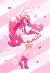  animal_ears bunny_ears character_name choker cure_whip extra_ears food_themed_hair_ornament full_body gloves hair_ornament heart kaineri kirakira_precure_a_la_mode looking_at_viewer magical_girl pink_background pink_choker pink_eyes pink_hair precure skirt skirt_lift solo standing star twintails usami_ichika white_gloves 