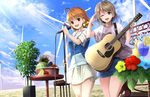  acoustic_guitar ahoge apple banana basket blue_eyes bow cloud collarbone commentary_request day flower food fruit guitar hair_bow highres instrument leg_up lemon lemon_slice light_brown_hair love_live! love_live!_sunshine!! microphone microphone_stand multiple_girls open_clothes open_mouth orange_hair orein outdoors red_eyes salute shirt short_hair skirt sky smile striped striped_shirt t-shirt takami_chika vest watanabe_you watermelon windmill yellow_bow 