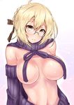  artoria_pendragon_(all) black_sweater blonde_hair blush braid breasts brown_ribbon convenient_censoring fate/grand_order fate_(series) glasses hair_ribbon highres looking_at_viewer medium_breasts meme_attire mysterious_heroine_x_(alter) naked_sweater navel ribbed_sweater ribbon sankakusui semi-rimless_eyewear simple_background solo sweater turtleneck turtleneck_sweater upper_body virgin_killer_sweater wardrobe_error white_background yellow_eyes 