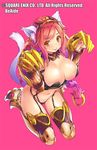  :p animal_ears black_legwear blush breasts cat_ears cat_tail cleavage gauntlets greaves huge_breasts long_hair looking_at_viewer million_arthur_(series) navel orange_eyes pink_background pink_hair pop_kyun simple_background solo tail thighhighs tongue tongue_out 