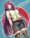  arms_behind_back breasts brown_legwear covered_nipples fate/grand_order fate_(series) hand_on_own_arm highres large_breasts long_hair looking_at_viewer miniskirt navel no_bra parted_lips pencil_skirt purple_hair red_eyes scathach_(fate)_(all) scathach_(fate/grand_order) shimo_(s_kaminaka) shirt skirt smile solo t-shirt taut_skirt thighhighs very_long_hair zettai_ryouiki 