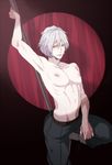 1boy blush clear_(dramatical_murder) dramatical_murder hiki_yuichi male_focus nipples pole pole_dancing silver_hair topless 