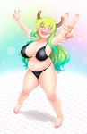  1girl aqua_hair blonde_hair blush breasts cloudxmoe eyes_closed fat full_body gradient_hair green_hair horns kobayashi-san_chi_no_maidragon large_breasts long_hair navel open_mouth plump quetzalcoatl_(maidragon) smile solo standing swimsuit thick_thighs v 