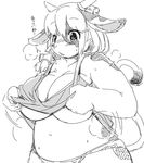  2012 anthro areola big_breasts bovine braided_hair breasts breath cattle clothed clothing clothing_lift female hair horn japanese_text kemono kishibe mammal monochrome overweight panties shirt shirt_lift simple_background sketch solo standing sweat tank_top text underwear undressing white_background 