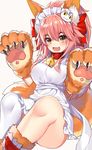  animal_ears apron bell bell_collar blush breasts collar fate/grand_order fate_(series) fox_ears fox_tail gendo0032 hair_ribbon large_breasts long_hair looking_at_viewer maid_apron maid_headdress naked_apron open_mouth paws pink_hair ribbon simple_background single_thighhigh solo tail tamamo_(fate)_(all) tamamo_cat_(fate) thighhighs white_background yellow_eyes 