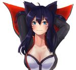  ahri alternate_costume animal_ears arms_behind_back bad_id bad_pixiv_id black_hair blue_eyes breasts cleavage collarbone facial_mark fox_ears hanato_(seonoaiko) large_breasts league_of_legends long_hair simple_background slit_pupils solo whisker_markings white_background 