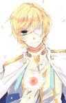  artist_name asora_w_asfj bad_id bad_pixiv_id bandage_over_one_eye bandages blonde_hair capelet eyepatch flower gloves green_eyes highres male_focus oscar_dragonia petals signature simple_background solo tales_of_(series) tales_of_berseria twitter_username upper_body white_background 