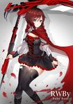  1girl boots cape corset dress long_sleeves puffy_long_sleeves puffy_sleeves ruby_rose rwby scythe short_hair silver_eyes solo thighhighs weapon 
