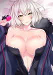  :p bare_shoulders bed breasts condom fate/grand_order fate_(series) highres jeanne_d'arc_(alter)_(fate) jeanne_d'arc_(fate)_(all) large_breasts looking_at_viewer lying navel on_back sankakusui short_hair smile solo tongue tongue_out white_hair wicked_dragon_witch_ver._shinjuku_1999 yellow_eyes 