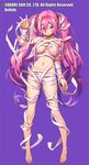  arm_up bandages barefoot blush breasts choker full_body heterochromia long_hair looking_at_viewer medium_breasts million_arthur_(series) naked_bandage navel open_hand open_mouth pink_hair pop_kyun purple_background purple_eyes red_eyes simple_background solo standing twintails underboob very_long_hair 