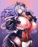  1girl age_difference breast_smother breasts breasts_outside camilla_(fire_emblem_if) fire_emblem fire_emblem_if gloves highres huge_breasts long_hair nipples parted_lips purple_eyes smile tahnya thick_thighs thighs 