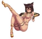  1girl :3 animal_ears armlet armpits bare_shoulders bastet bastet_(houtengeki) bikini black_hair blush bracer breasts bridal_gauntlets cat_ears dark_skin earrings egyptian elbow_gloves female gloves highres houtengeki jewelry kneepits large_breasts leg_up legs looking_at_viewer lots_of_jewelry necklace open_\m/ original pelvic_curtain red_eyes revealing_clothes short_hair side_glance sitting smile solo swimsuit tan thick_thighs thigh_strap thighs underboob 
