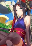  bare_shoulders black_hair black_legwear blue_eyes breasts cosplay fate/grand_order fate_(series) highres katana long_hair looking_at_viewer medium_breasts miyamoto_musashi_(fate/grand_order) miyamoto_musashi_(fate/grand_order)_(cosplay) p!nta sheath sheathed side_ponytail sitting solo sword thighhighs ushiwakamaru_(fate/grand_order) weapon 