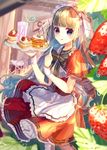  black_bow blue_eyes blueberry blurry blurry_background bow chair chano_hinano crazy_straw dew_drop dress drink drinking_straw food frilled_dress frills fruit heart_straw highres licking_lips light_brown_hair long_hair looking_at_viewer maid original pancake pointing pointing_at_self red_dress solo sparkle standing strawberry tongue tongue_out tray water_drop wrist_cuffs 