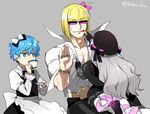  2boys blonde_hair blue_eyes blue_hair curly_hair dress fate/extra fate/extra_ccc fate/grand_order fate_(series) hair_ribbon hans_christian_andersen_(fate) kaikodou_kana lipstick long_hair maid makeup multiple_boys nursery_rhyme_(fate/extra) ribbon sakata_kintoki_(fate/grand_order) short_hair white_background white_hair 