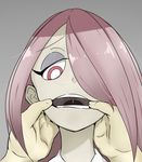 1girl commentary fankupl finger_to_mouth hair_over_one_eye little_witch_academia long_hair open_mouth pale_skin pink_hair red_eyes solo_focus sucy_manbavaran teeth uvula 