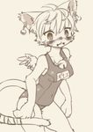  2012 anthro bell blush breasts cat clothed clothing ear_piercing feline female fur hair japanese_text kemono kishibe looking_at_viewer mammal monochrome navel nervous one-piece_swimsuit open_mouth piercing sepia short_hair sketch slim slit_pupils small_wings solo standing sweat swimsuit tail_wraps text tight_clothing wings wraps 