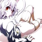  animal_ears cat_ears cat_tail hunter_x_hunter looking_at_viewer navel neferpitou no_panties open_mouth red_eyes short_hair shorts simple_background solo tail watarui wavy_hair white_background white_hair 