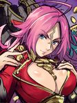  ahoge blue_eyes breasts cleavage fate/extra fate_(series) francis_drake_(fate) highres large_breasts long_hair looking_at_viewer pink_hair scar shimo_(s_kaminaka) smile solo 