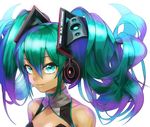 alternate_hairstyle bangs bare_shoulders breasts character_name closed_mouth collarbone eyebrows_visible_through_hair green_eyes green_hair hair_between_eyes hair_ornament hatsune_miku headgear headphones highres long_hair looking_at_viewer simple_background sleeveless small_breasts smile solo sumino_akasuke turtleneck upper_body vocaloid white_background 