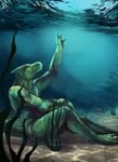  anthro barefoot blue_background brown_eyes crocodilian dragonnis green_scales horn looking_up male nude reaching reaching_out reptile sand scales scalie seaweed simple_background solo stone_(sinkingstone) underwater water 