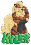  absurd_res anthro arcanine badge black_fur black_nose breasts fluffy fur green_eyes herm hi_res intersex kisaofthesnow kyler nintendo orange_fur penis pok&eacute;mon shaded solo stripes tan_fur video_games 