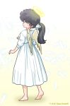  1girl barefoot black_hair bow dress full_body gradient gradient_background grey_eyes hair_bow halo highres kunou_kodachi looking_at_viewer looking_back ponytail ranma_1/2 solo standing twitter_username wanta_(futoshi) white_bow white_dress white_wings wings 