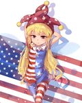  american_flag american_flag_dress american_flag_legwear arms_behind_head blonde_hair chinese_commentary clownpiece commentary_request dress fairy_wings flag_background hat highres jester_cap long_hair microdress mofashi_beibei neck_ruff pantyhose partial_commentary polka_dot red_eyes short_sleeves smile thigh_gap touhou very_long_hair wavy_hair wings 