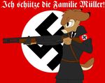  angry armband bambi bambi_(film) belt brown_eyes brown_fur brown_hair cervine clothing deer disney ears_back eyelashes fur german_text girly gun hair jacket male mammal nazi necktie ranged_weapon remington_870 shotgun skirt solo swastika text uniform vanderhirsche weapon 