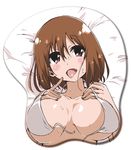  bikini bikini_top breast_mousepad breasts brown_eyes brown_hair commentary_request highres large_breasts lying medium_hair mousepad on_back piyo_(p_i_y_o) strap_slip swimsuit takamiya_nasuno teekyuu tongue tongue_out upper_body white_bikini 