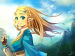 bangs blonde_hair blue_eyes braid breasts colornix fingerless_gloves forehead french_braid from_side gloves hair_ornament hairclip long_hair looking_at_viewer parted_bangs pointy_ears princess_zelda sidelocks small_breasts smile solo the_legend_of_zelda the_legend_of_zelda:_breath_of_the_wild thick_eyebrows wind wind_lift 