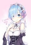  1girl blue_eyes blue_hair blush breasts cleavage detached_sleeves frills hair_ornament hair_over_one_eye hard_translated highres looking_at_viewer maid maid_headdress matching_hair/eyes medium_breasts pink_ribbon re:zero_kara_hajimeru_isekai_seikatsu rem_(re:zero) ribbon ribbon_trim sheska_xue short_hair simple_background smile solo translated underbust upper_body x_hair_ornament 