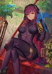  bird bird_on_hand birdcage bodysuit cage closed_mouth covered_nipples crossed_legs fate/grand_order fate_(series) gae_bolg highres holding holding_weapon long_hair looking_at_viewer looking_down parrot plant polearm purple_hair red_eyes scathach_(fate)_(all) scathach_(fate/grand_order) sitting sk_tori solo spear veil weapon 