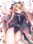  akao_ppai bad_id bad_pixiv_id bangs blonde_hair blush breasts cameltoe cape earrings ereshkigal_(fate/grand_order) fate/grand_order fate_(series) gold_trim hair_ribbon jewelry long_hair looking_at_viewer medium_breasts open_mouth red_cape red_eyes red_ribbon ribbon skull solo twintails two_side_up 