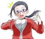  1girl black_hair blush breasts demi-chan_wa_kataritai demon_girl from_below glasses ichikawa_masahiro jacket large_breasts long_hair looking_at_viewer looking_down open_mouth popped_zipper purple_eyes satou_sakie semi-rimless_eyewear shirt solo succubus surprised track_jacket under-rim_eyewear wardrobe_malfunction white_background white_shirt zipper 