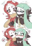  2girls bangs blunt_bangs cephalopod_eyes coat cold commentary_request domino_mask earmuffs fang fur_trim green_eyes green_hair hand_holding heart highres inkling long_hair makeup mascara mask multiple_girls nama_namusan nuzzle octoling parka pointy_ears red_hair safety_vest scarf short_hair splatoon splatoon_(series) splatoon_2 splatoon_2:_octo_expansion spoken_heart squidbeak_splatoon suction_cups tentacle_hair winter_clothes winter_coat yuri 
