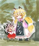  animal_ears ankle_cuffs black_shorts blonde_hair blush brown_hair cat_ears cat_tail chen closed_eyes dress eating fox_ears fox_tail happy height_difference highres komaku_juushoku long_sleeves multiple_girls multiple_tails pink_dress red_dress short_hair shorts smile tabard tail touhou yakumo_ran younger |3 