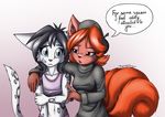  2017 anthro beret black_hair blue_eyes breasts canine clothed clothing dialogue duo eevee english_text fan_character feline female fox fur hair hat ivanna kia_mika_(mancoin) leopard mammal mancoin midriff navel nintendo pink_fur pok&eacute;mon red_hair slit_pupils snow_leopard text video_games white_fur 