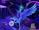  blue_eyes book cutie_mark detailed_background equine eyelashes feathered_wings feathers female feral friendship_is_magic hooves horn mammal my_little_pony princess_luna_(mlp) smile solo standing viwrastupr winged_unicorn wings 
