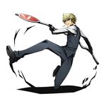  alpha_transparency blonde_hair clenched_teeth divine_gate durarara!! full_body heiwajima_shizuo holding male_focus official_art shadow solo sunglasses teeth transparent_background ucmm uniform 