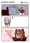  1girl 3koma ? armor arms_at_sides bangs black_bow blue_eyes blunt_bangs blush bow chibo chroneco closed_mouth comic davion defense_of_the_ancients door doorway dota_2 dragon dragon_girl dragon_horns dragon_tail dress empty_eyes english facebook full_armor full_body furrowed_eyebrows hair_bow heart helmet holding holding_sword holding_weapon horns jitome kanna_kamui kobayashi-san_chi_no_maidragon layered_dress long_hair looking_at_viewer low_twintails phallic_symbol pink_hair ranguage sexually_suggestive shaded_face shield standing surprised sweat sword tail tareme thick_eyebrows thighhighs twintails unsheathed upper_body walk-in weapon white_legwear zettai_ryouiki 