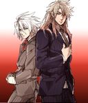  ag_ss41 blue_eyes dark_skin dark_skinned_male fate/apocrypha fate/grand_order fate_(series) formal karna_(fate) long_hair looking_at_viewer male_focus multiple_boys necktie pale_skin ponytail siegfried_(fate) simple_background suit white_hair 