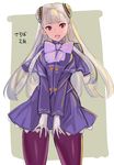  bangs bow breast_squeeze breasts capcom_fighting_jam capelet gloves hairpods highres ingrid long_hair medium_breasts open_mouth pantyhose purple_bow purple_legwear red_eyes silver_hair skirt skirt_set smile solo tetsu_(kimuchi) v_arms white_gloves 