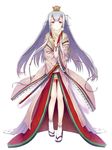  crown fan floating_hair full_body highres holding holding_fan long_hair looking_at_viewer mini_crown red_eyes shirohime_quest silver_hair simple_background socks solo standing very_long_hair white_background white_legwear 