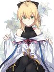  ahoge artoria_pendragon_(all) bare_shoulders black_ribbon blonde_hair cosplay fate/grand_order fate/unlimited_codes fate_(series) flower green_eyes hair_ribbon lily_(flower) looking_at_viewer merlin_(fate) merlin_(fate)_(cosplay) nikame ponytail ribbon saber saber_lily short_hair smile solo 