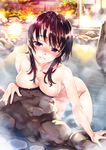  bangs bent_over blush breasts collarbone half-closed_eyes highres large_breasts leaning_forward long_hair looking_at_viewer matsuryuu navel nude onsen original outdoors purple_eyes purple_hair rock smile solo teeth wet 